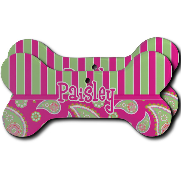Custom Pink & Green Paisley and Stripes Ceramic Dog Ornament - Front & Back w/ Name or Text