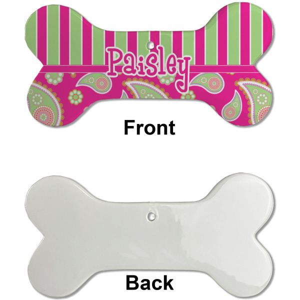 Pink & Green Paisley and Stripes Ceramic Flat Ornament - Bone Front & Back Single Print (APPROVAL)