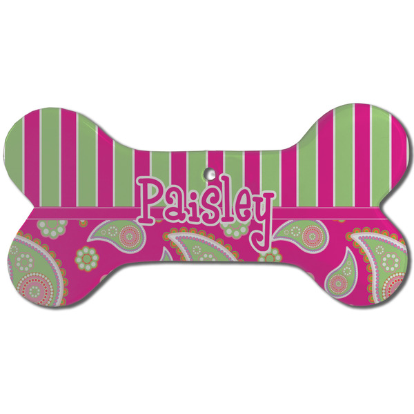 Custom Pink & Green Paisley and Stripes Ceramic Dog Ornament - Front w/ Name or Text