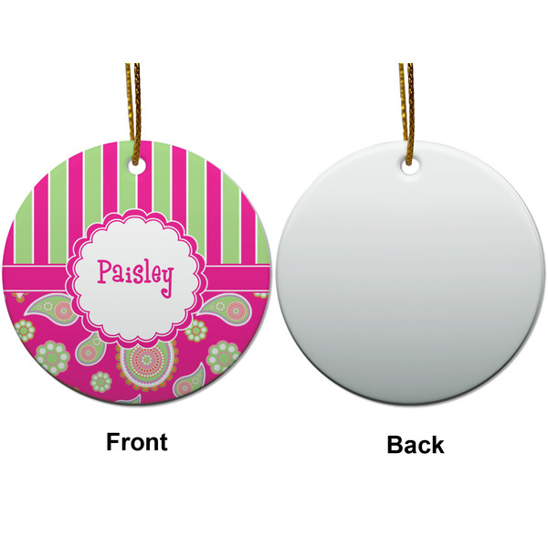 Pink & Green Paisley and Stripes Ceramic Flat Ornament - Circle Front & Back (APPROVAL)