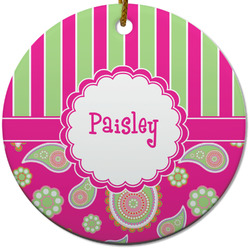 Pink & Green Paisley and Stripes Round Ceramic Ornament w/ Name or Text