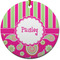 Pink & Green Paisley and Stripes Ceramic Flat Ornament - Circle (Front)