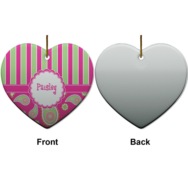 Pink & Green Paisley and Stripes Ceramic Flat Ornament - Heart Front & Back (APPROVAL)