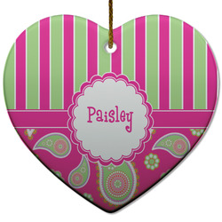 Pink & Green Paisley and Stripes Heart Ceramic Ornament w/ Name or Text