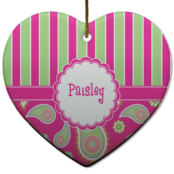 Pink & Green Paisley and Stripes Ceramic Flat Ornament - Heart (Front)