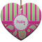 Pink & Green Paisley and Stripes Ceramic Flat Ornament - Heart (Front)