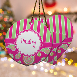 Pink & Green Paisley and Stripes Ceramic Ornament w/ Name or Text