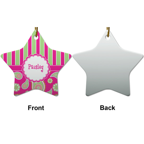 Pink & Green Paisley and Stripes Ceramic Flat Ornament - Star Front & Back (APPROVAL)