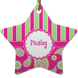 Pink & Green Paisley and Stripes Star Ceramic Ornament w/ Name or Text