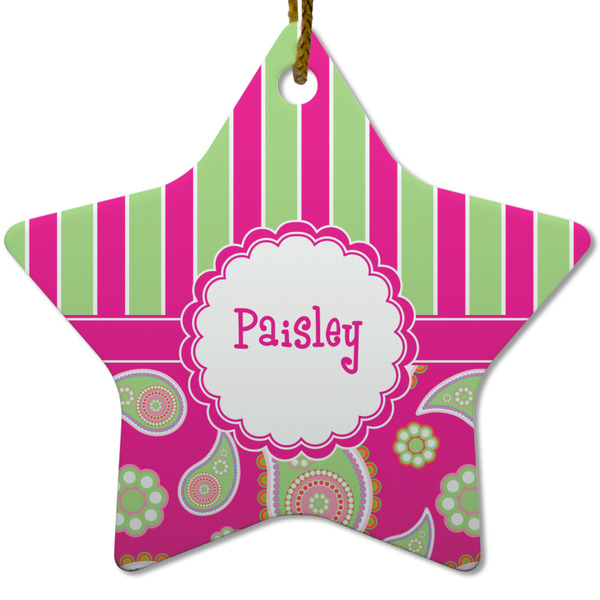 Pink & Green Paisley and Stripes Ceramic Flat Ornament - Star (Front)