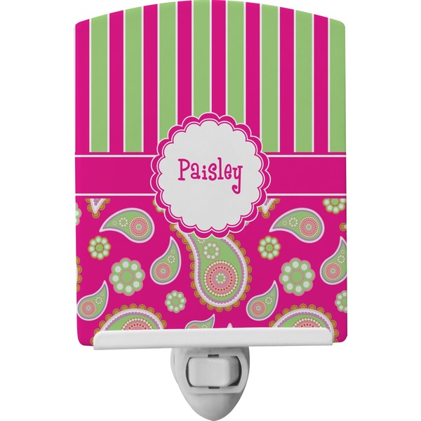 Custom Pink & Green Paisley and Stripes Ceramic Night Light (Personalized)