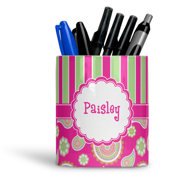 Custom Pink & Green Paisley and Stripes Ceramic Pen Holder