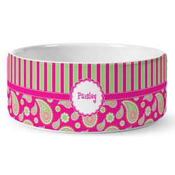 Pink & Green Paisley and Stripes Ceramic Dog Bowl (Personalized)