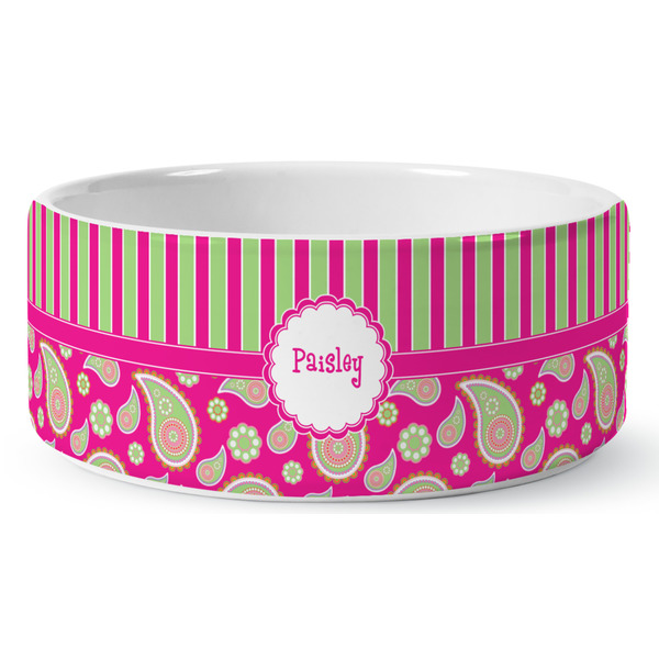 Custom Pink & Green Paisley and Stripes Ceramic Dog Bowl - Large (Personalized)