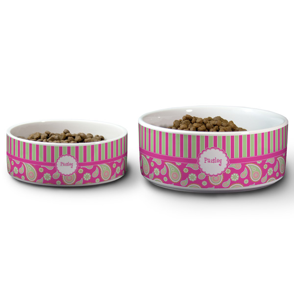 Pink & Green Paisley and Stripes Ceramic Dog Bowls - Size Comparison