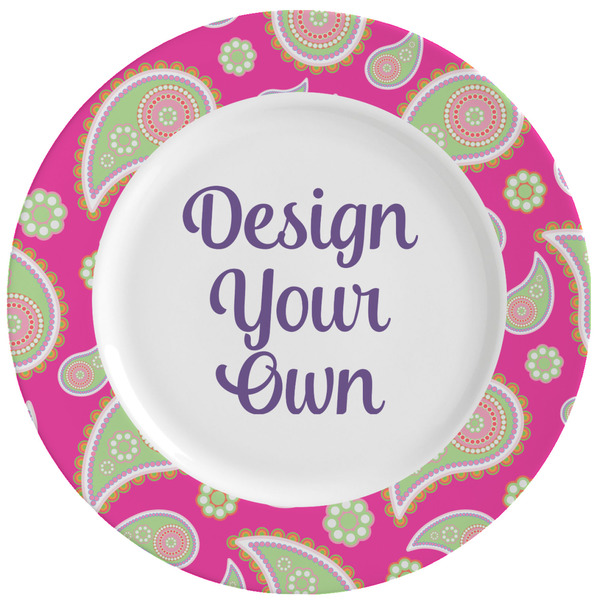 Custom Pink & Green Paisley and Stripes Ceramic Dinner Plates (Set of 4) (Personalized)