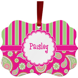 Pink & Green Paisley and Stripes Metal Frame Ornament - Double Sided w/ Name or Text