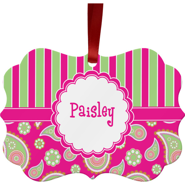 Custom Pink & Green Paisley and Stripes Metal Frame Ornament - Double Sided w/ Name or Text