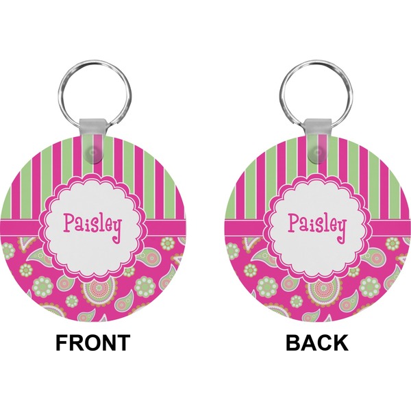Pink & Green Paisley and Stripes Circle Keychain (Front + Back)