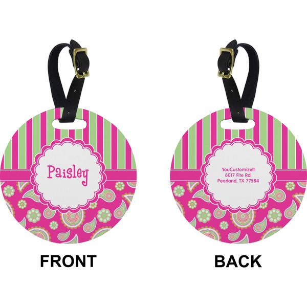Pink & Green Paisley and Stripes Circle Luggage Tag (Front + Back)