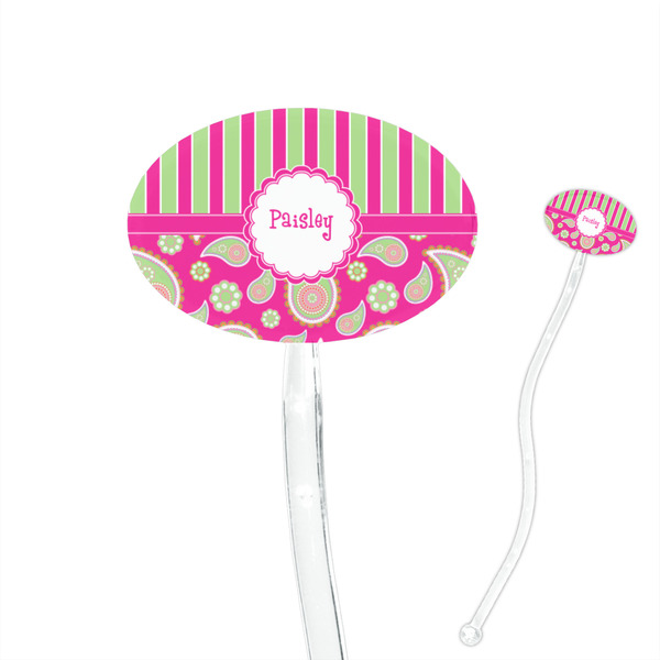 Custom Pink & Green Paisley and Stripes 7" Oval Plastic Stir Sticks - Clear (Personalized)