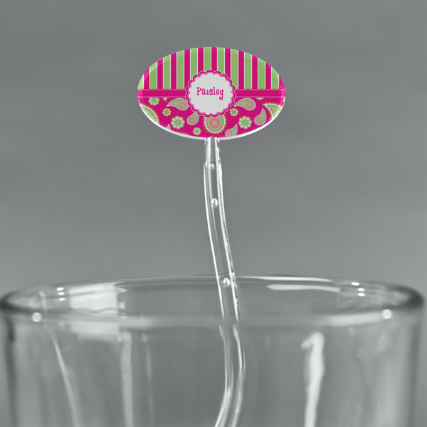 Pink & Green Paisley and Stripes Clear Plastic 7" Stir Stick - Oval - Main