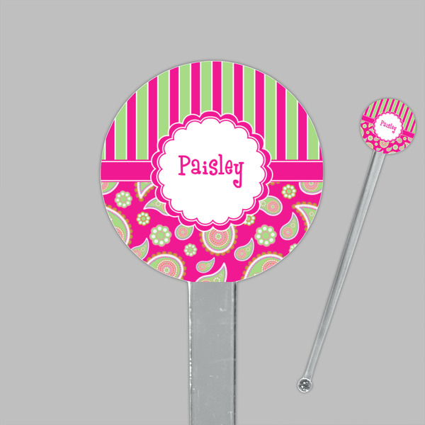 Pink & Green Paisley and Stripes Clear Plastic 7" Stir Stick - Round - Closeup