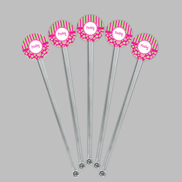 Pink & Green Paisley and Stripes Clear Plastic 7" Stir Stick - Round - Fan View