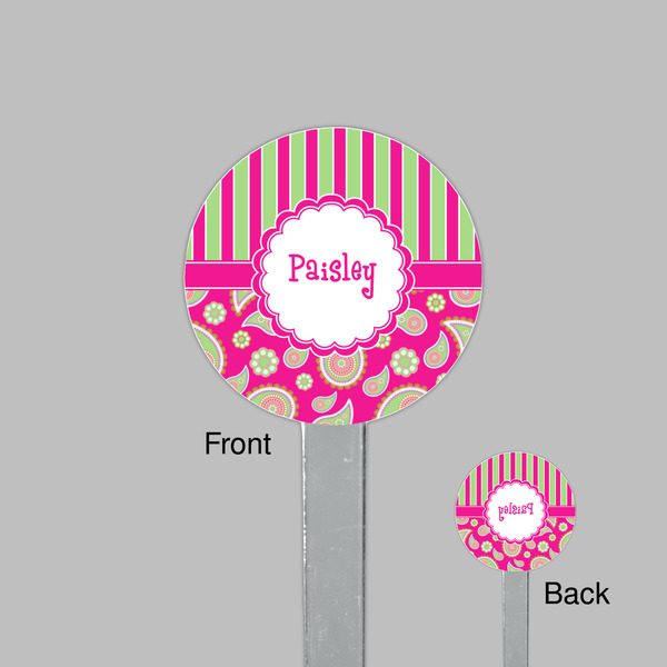 Pink & Green Paisley and Stripes Clear Plastic 7" Stir Stick - Round - Front & Back