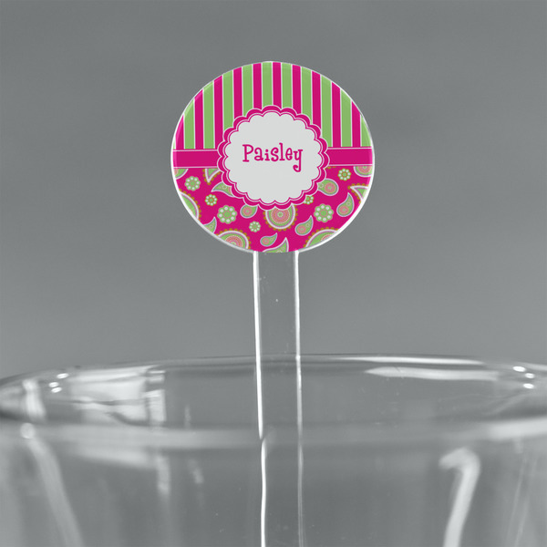 Custom Pink & Green Paisley and Stripes 7" Round Plastic Stir Sticks - Clear (Personalized)