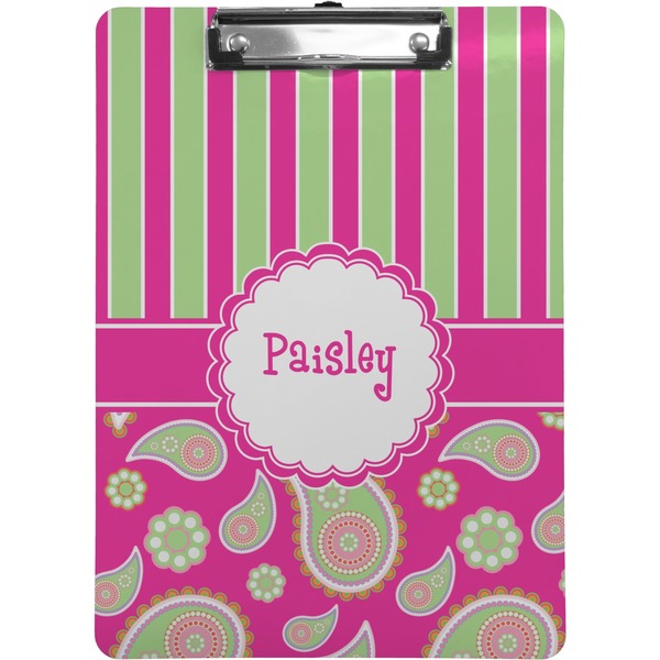 Custom Pink & Green Paisley and Stripes Clipboard (Letter Size) (Personalized)