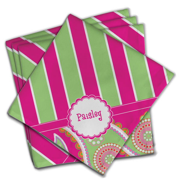 Custom Pink & Green Paisley and Stripes Cloth Napkins (Set of 4) (Personalized)