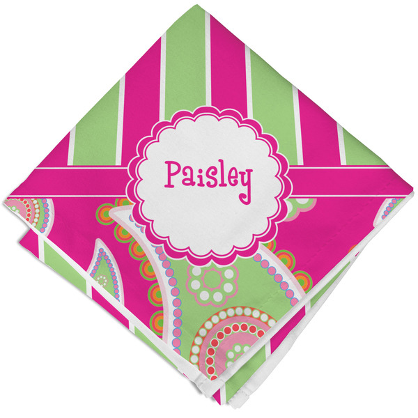 Custom Pink & Green Paisley and Stripes Cloth Cocktail Napkin - Single w/ Name or Text