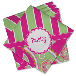 Pink & Green Paisley and Stripes Cloth Cocktail Napkins - Set of 4 w/ Name or Text