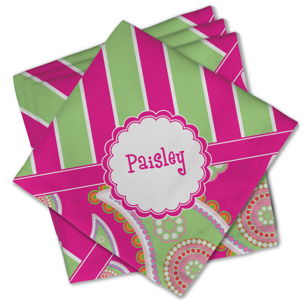 Custom Pink & Green Paisley and Stripes Cloth Cocktail Napkins - Set of 4 w/ Name or Text