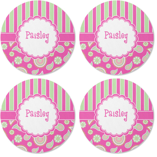 Pink & Green Paisley and Stripes Coaster Round Rubber Back - Apvl