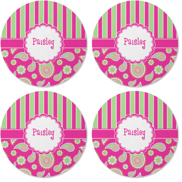 Pink & Green Paisley and Stripes Coaster Round Rubber Back - Apvl