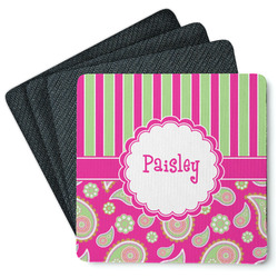 Pink & Green Paisley and Stripes Square Rubber Backed Coasters - Set of 4 (Personalized)