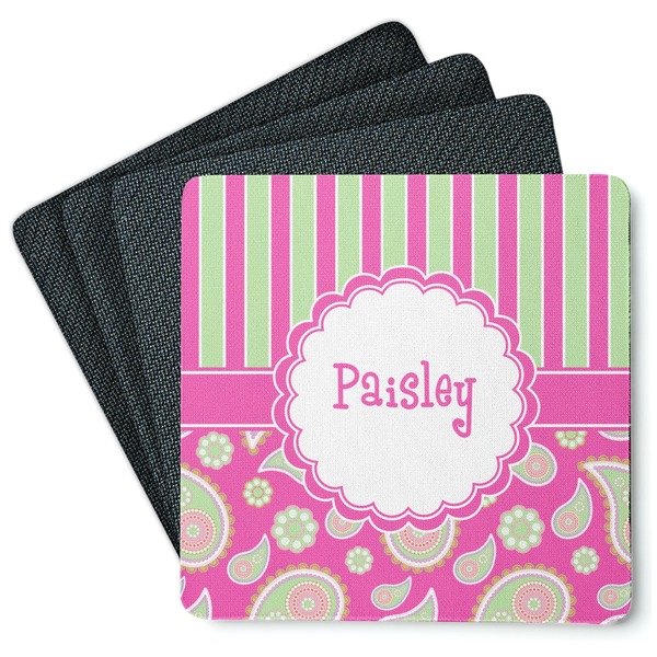 Custom Pink & Green Paisley and Stripes Square Rubber Backed Coasters - Set of 4 (Personalized)