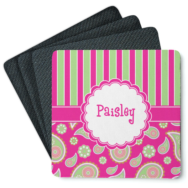 Custom Pink & Green Paisley and Stripes Square Rubber Backed Coasters - Set of 4 (Personalized)