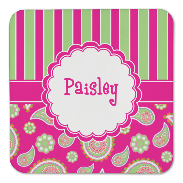 Pink & Green Paisley and Stripes Coaster Set - FRONT (one)