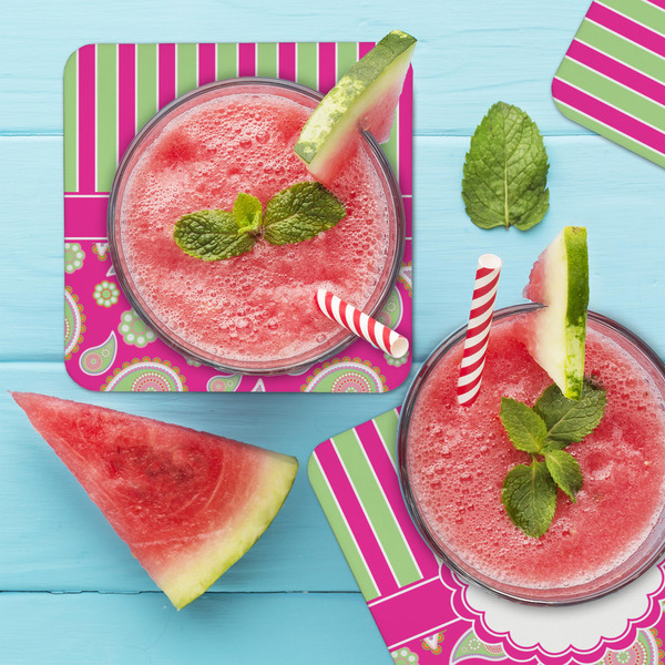 Pink & Green Paisley and Stripes Coaster Set - LIFESTYLE