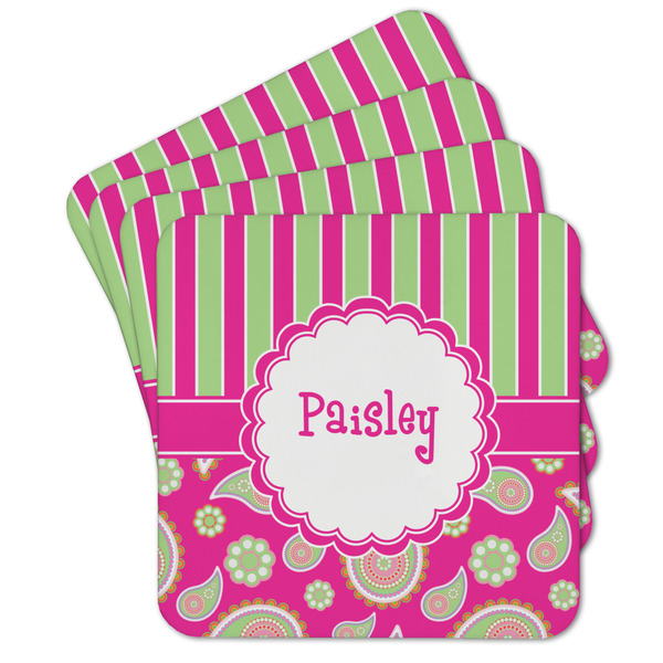 Custom Pink & Green Paisley and Stripes Cork Coaster - Set of 4 w/ Name or Text