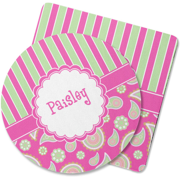Custom Pink & Green Paisley and Stripes Rubber Backed Coaster (Personalized)