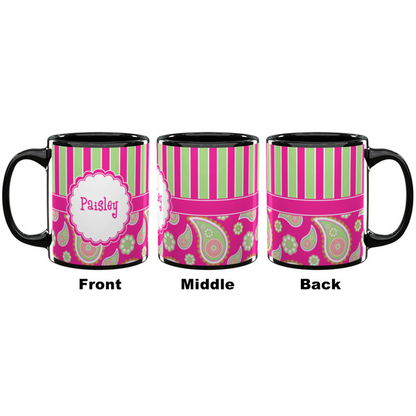 Pink & Green Paisley and Stripes Coffee Mug - 11 oz - Black APPROVAL