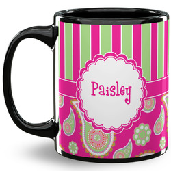 Pink & Green Paisley and Stripes 11 Oz Coffee Mug - Black (Personalized)