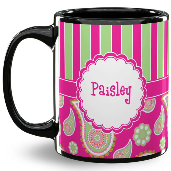 Custom Pink & Green Paisley and Stripes 11 Oz Coffee Mug - Black (Personalized)