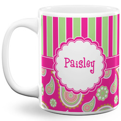 Pink & Green Paisley and Stripes 11 Oz Coffee Mug - White (Personalized)