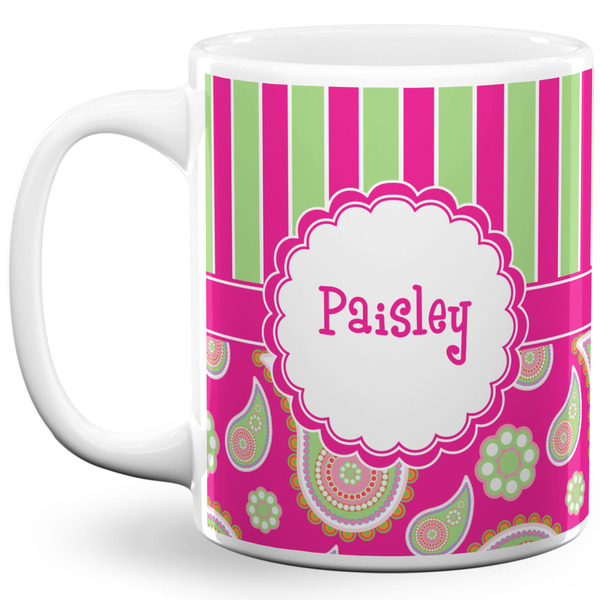 Custom Pink & Green Paisley and Stripes 11 Oz Coffee Mug - White (Personalized)