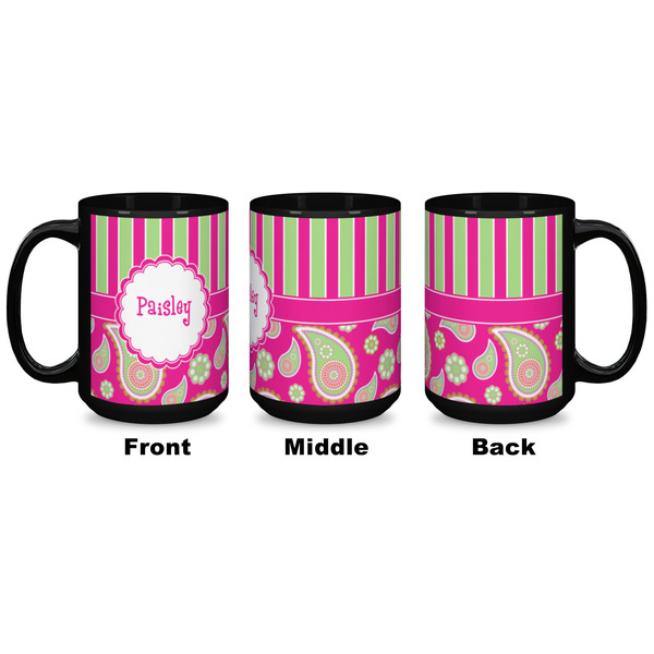 Pink & Green Paisley and Stripes Coffee Mug - 15 oz - Black APPROVAL